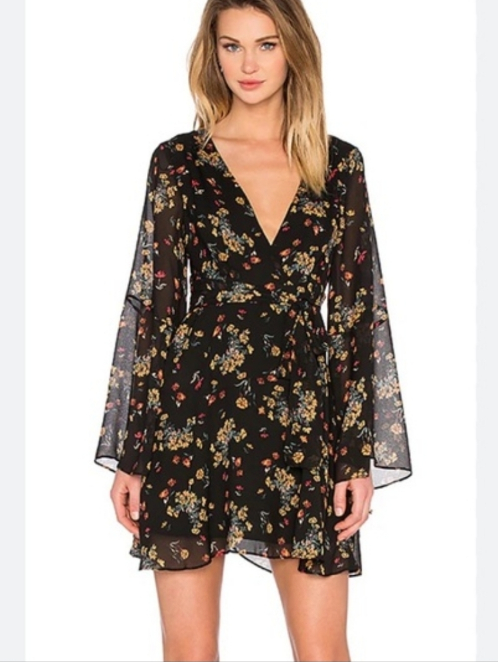 Free People Black Floral Bell Sleeve Mini Dress Size XS  Boho Dark Floral